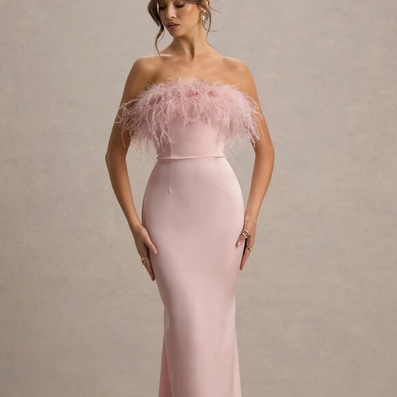 Club London Dresses & Skirts - Club London Pale Pink Satin Feather Trim Bandeau Maxi Dress
